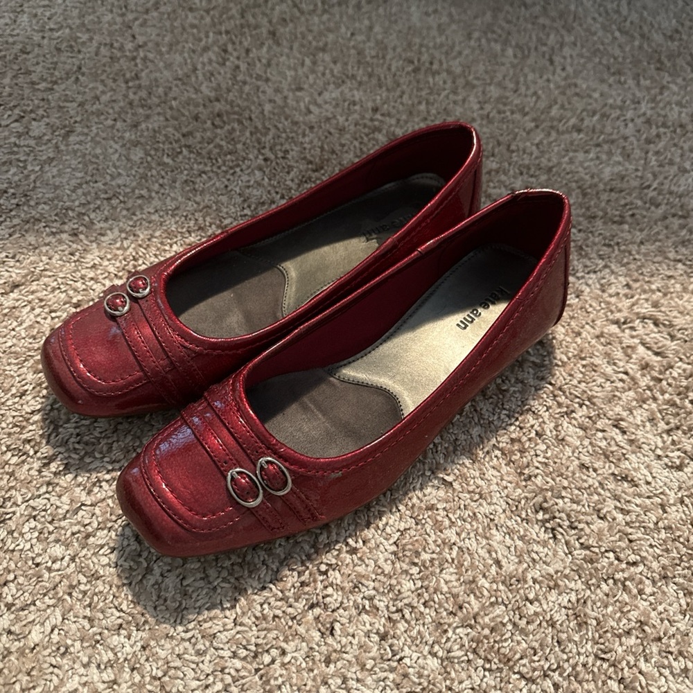 Red Leather Flats with Buckle Detail